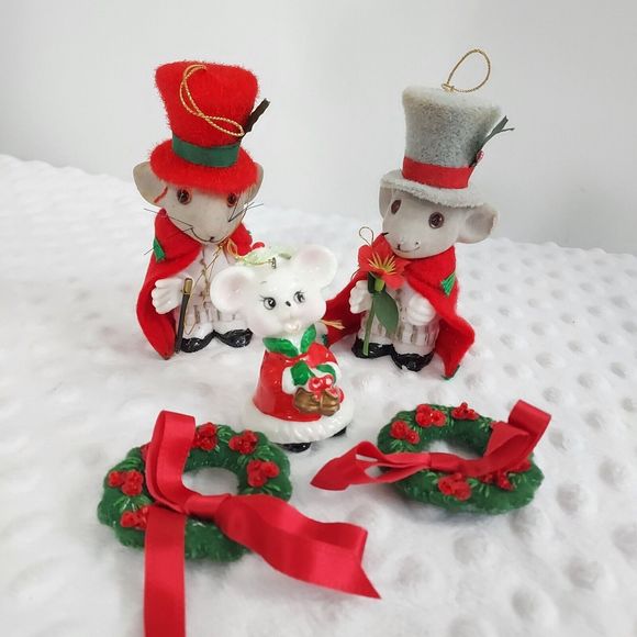 Jasco Flocked Christmas Mouse Lot Vintage Porcelain Mice Felt Wreath Ornaments